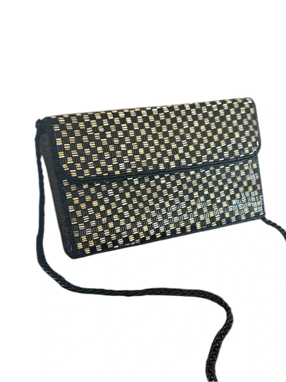 Vintage Beaded Checkerboard Clutch Crossbody Bag Gold Black Art Deco